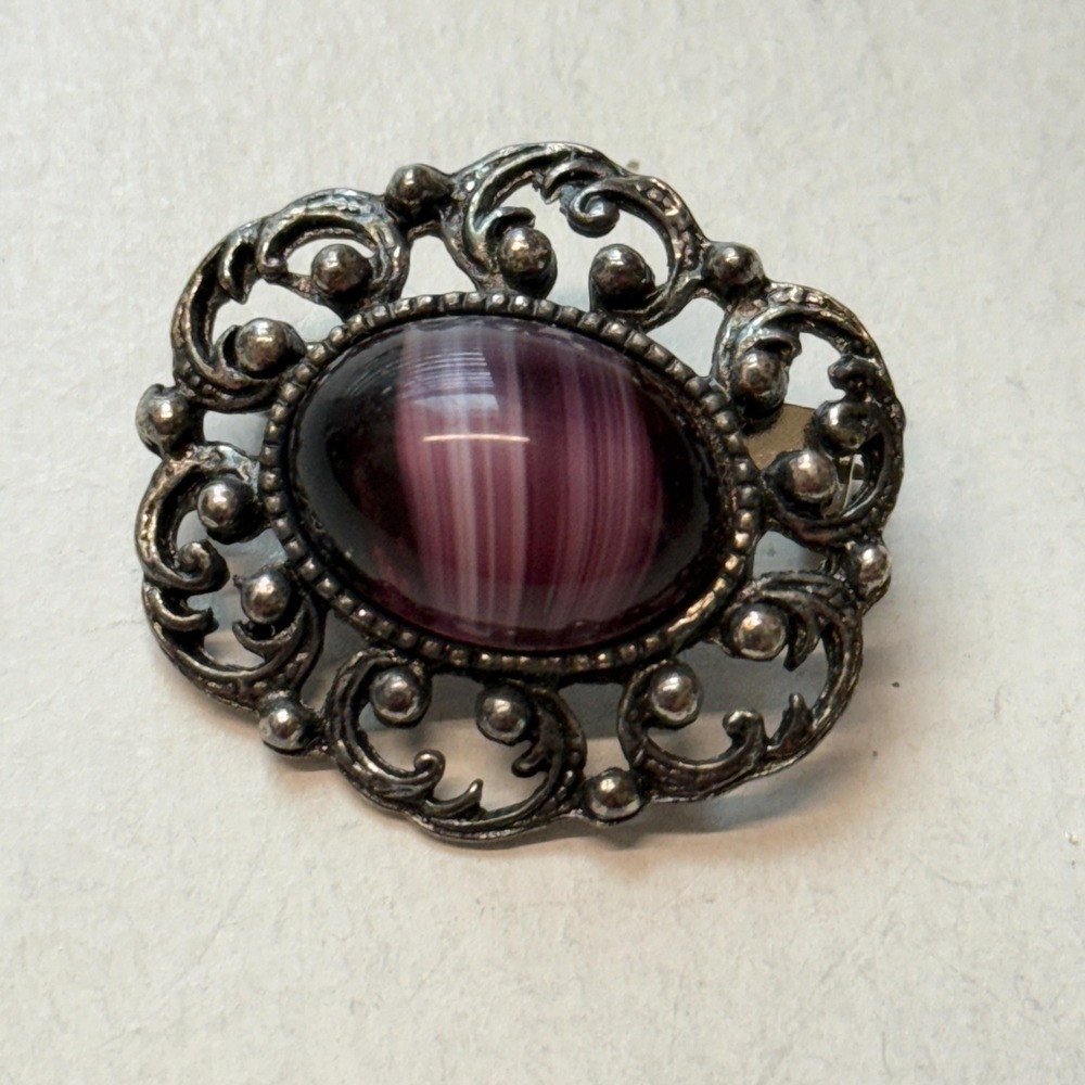 Vintage Purple Porphyry Slag Glass Cabochon Silver Tone Open Work Brooch Pin